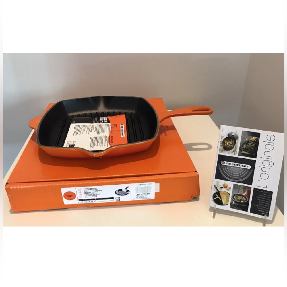 New Le Creuset Square Grill Skillet 10.25” – Flame Color Cast Iron Pan